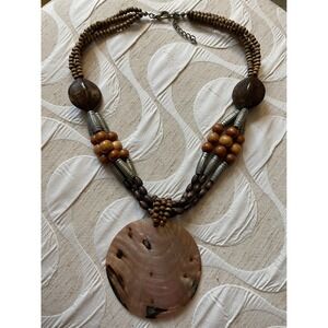 Vintage three strand wood beaded‎ necklace large mother of pearl shell pendant